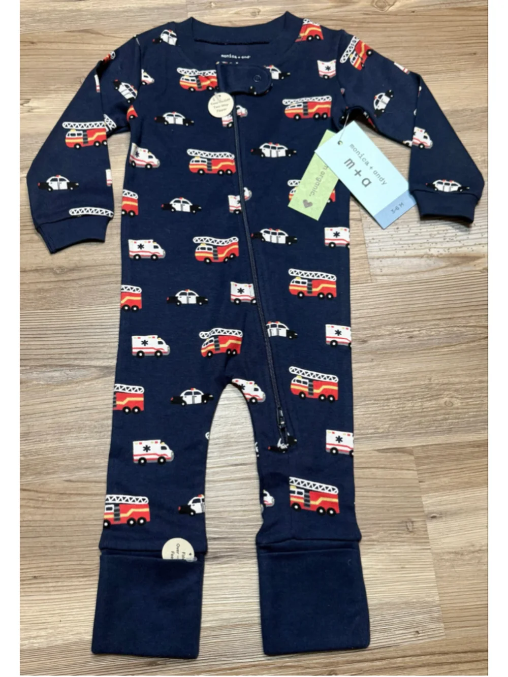 Monica + Andy Baby Footies 3-6 Months White Navy Blue Dog Fire Truck Set